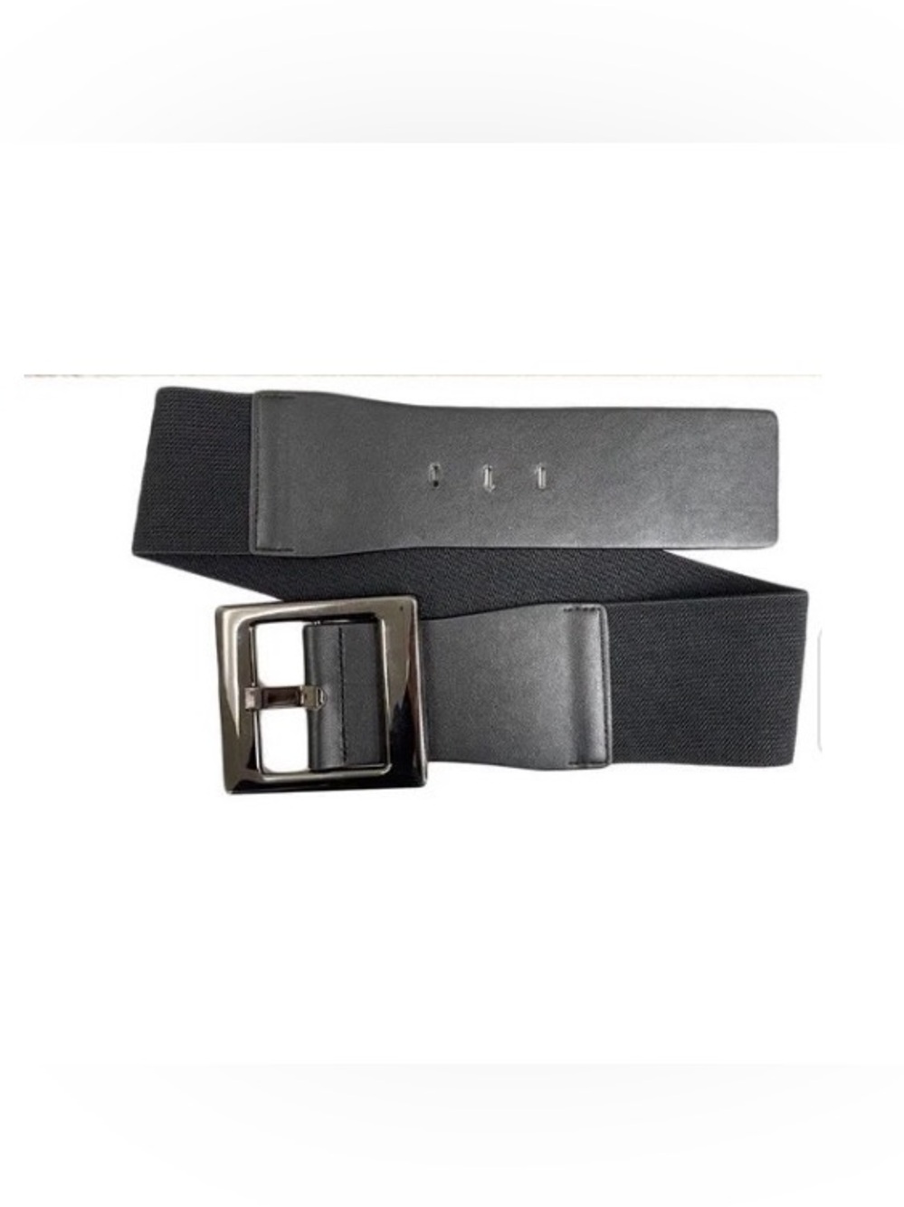 Black Elastic Belt with Faux Leather and Oversized Buckle